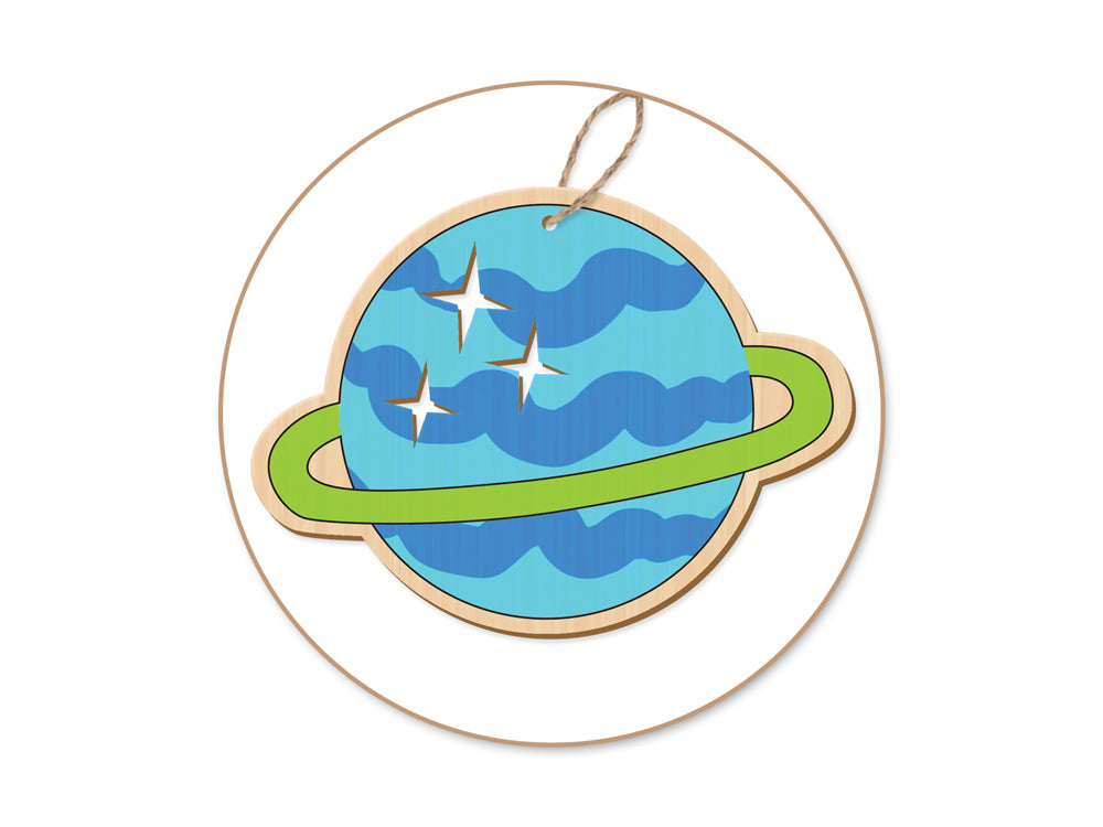 Wood Craft: Wood Ornaments x2 Asst Printed w/Jute Cord Hanger B) Outer Space