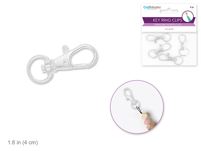 Jewelry Findings: 1.63" Key Ring Clip x4 w/Swivel Ring B) Silver