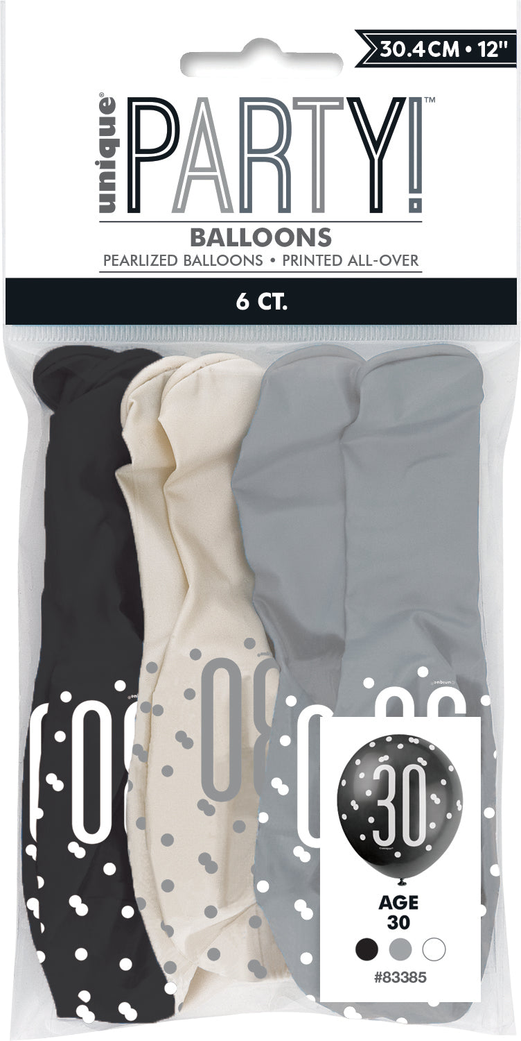 Latex Balloon 12"-Glitz Black Number 30 Assorted,6ct