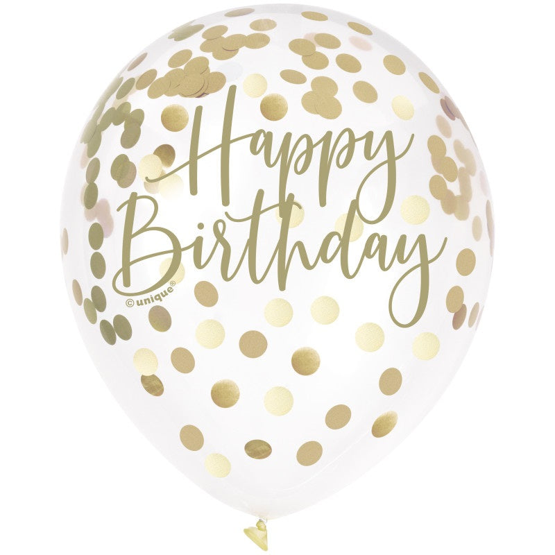 Gold Foil Confetti Filled "Happy Birthday" 12" Clear Latex Balloons  6ct