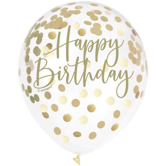 Gold Foil Confetti Filled "Happy Birthday" 12" Clear Latex Balloons  6ct