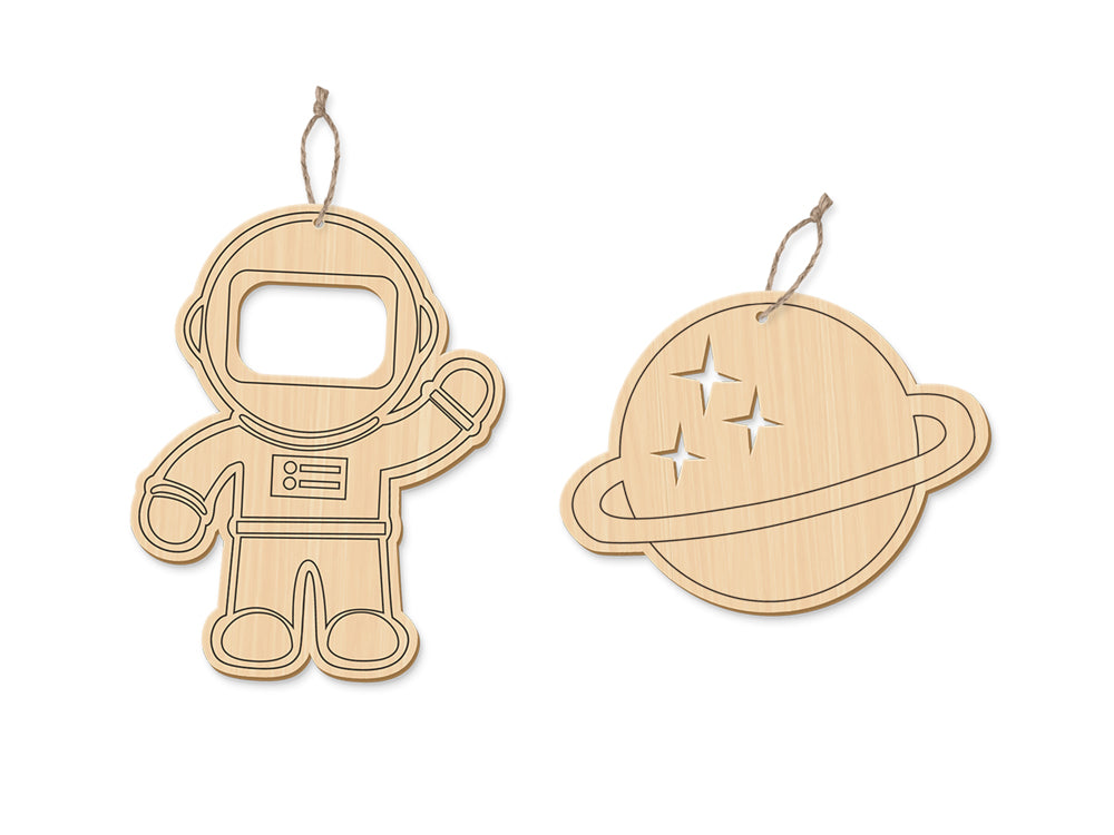 Wood Craft: Wood Ornaments x2 Asst Printed w/Jute Cord Hanger B) Outer Space