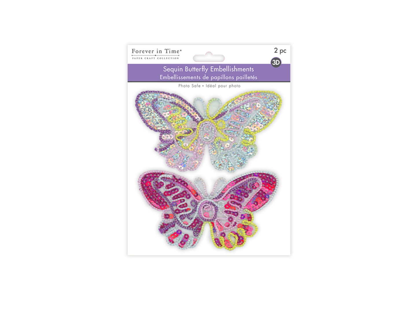 Paper Craft Emb: 5"x3" Sequin Butterflies 2pc Assorted A) Pastel