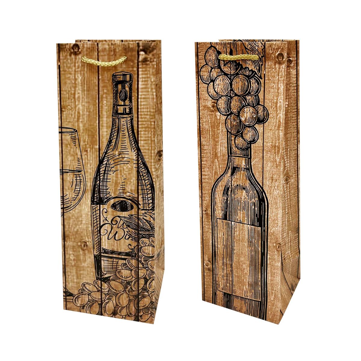 Paper T. Gift Bag, Bottle, 2Asst Woodgrain/Black, 210GSM, Tag +j-hook