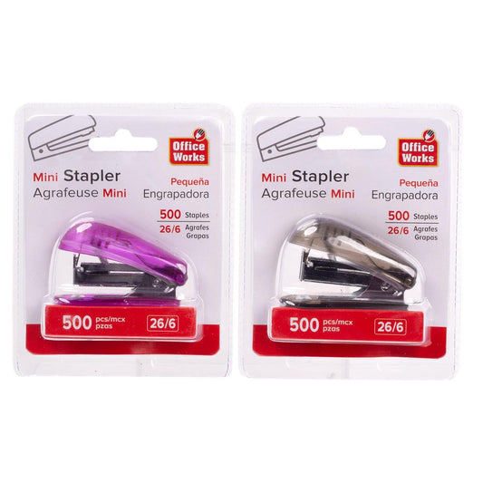 O.WKs. Mini Stapler w/500 Staples, 2 Colours, b/c