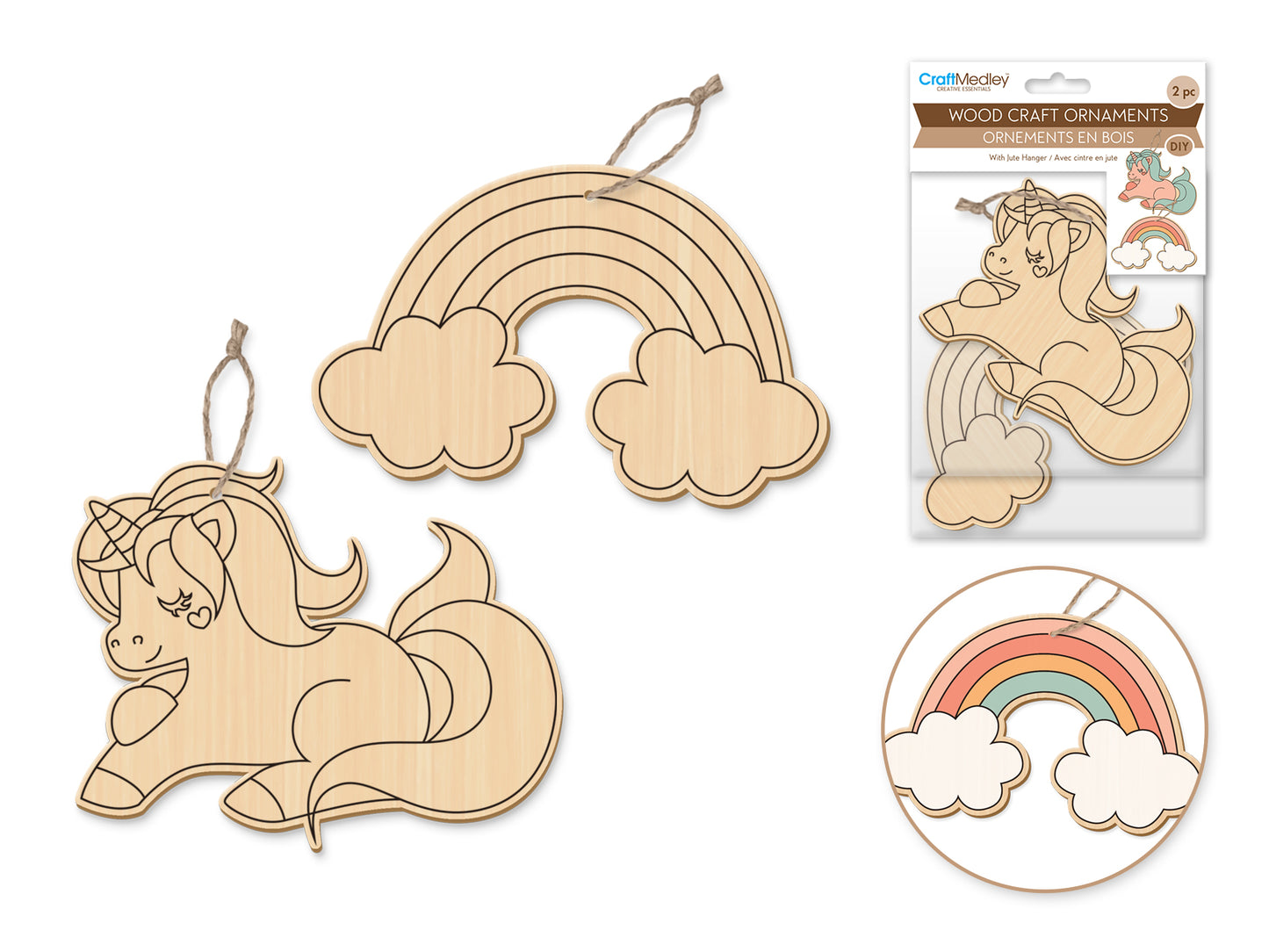 Wood Craft: Wood Ornaments x2 Asst Printed w/Jute Cord Hanger C) Unicorn