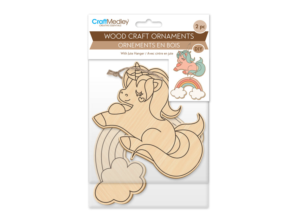 Wood Craft: Wood Ornaments x2 Asst Printed w/Jute Cord Hanger C) Unicorn