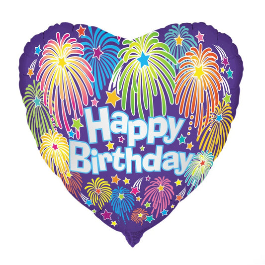 Heart Birthday Fireworks Round Foil Balloon 18"  Packaged