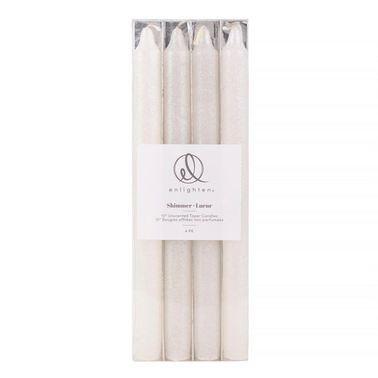 Enlighten 4pk 10" Shimmer White Taper Candle, pvc box