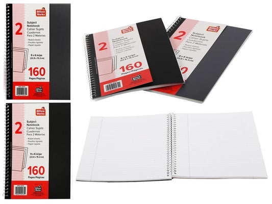 O.WKs. 160 Pages 2 Subject Spiral Notebook, 9" x 6", 2Clr,