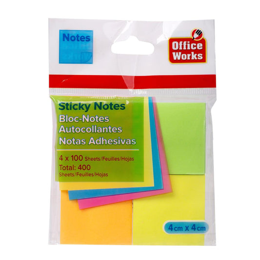O.WKs 4 x 100 Sheets Neon Adhesive Memo, 4x4cm, pbh