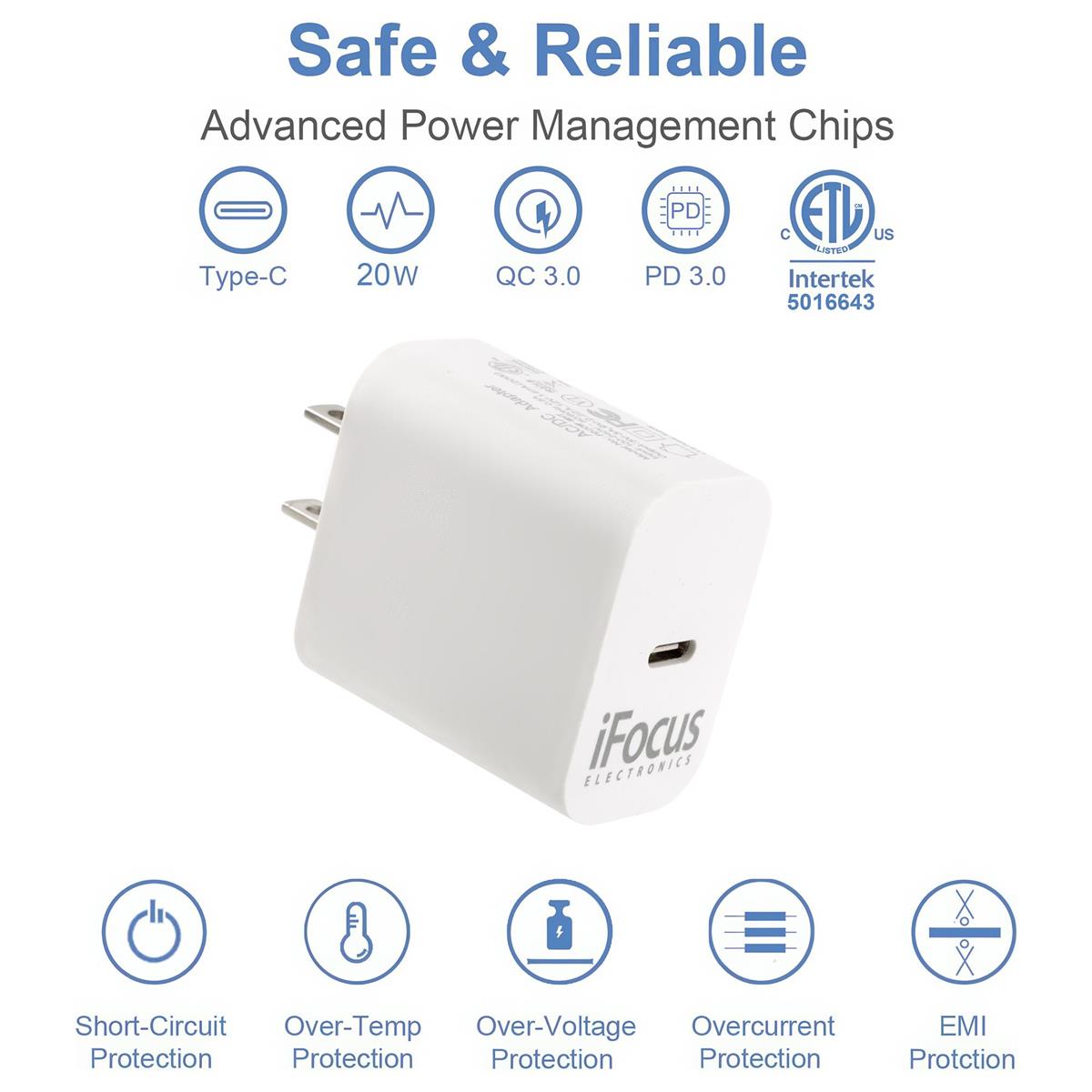 iFocus Type C 20W Wall Charger White, 5V-12V/3A-1.67A (cETLus 5019642)