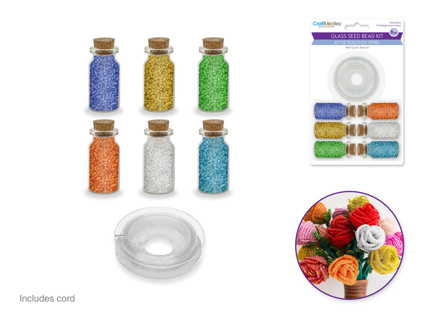 Glass Seed Bead Kit: 6pc Asst 60g (6*10g) w/Cord+Cork Stopper B) Glam