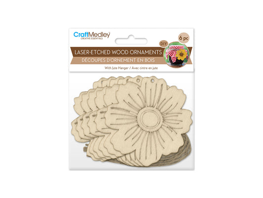 Wood Craft: 3.5" Laser-Etched Wood Shapes 6pc w/Jute A) Pansy