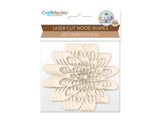Wood Craft: 8cm Laser-Cut Ornate Wood Shapes x4 K) Floral Burst