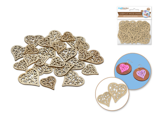 Wood Craft: 3cm+4cm Laser-Cut Ornate Wood Shapes 24pc A) Heart