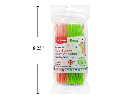 Luciano Reusable 25-pc Kids Straws, w/ cleaning brush, zip lock bag(CS)