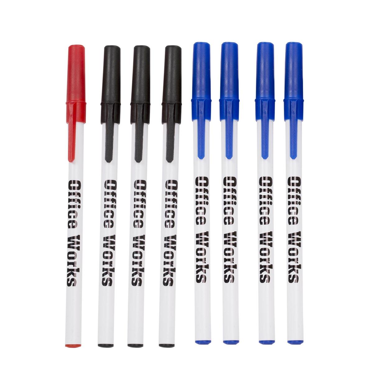 O.WKs.8-pc White Barrel Stick Pens Blue, Black & Red (#20475)