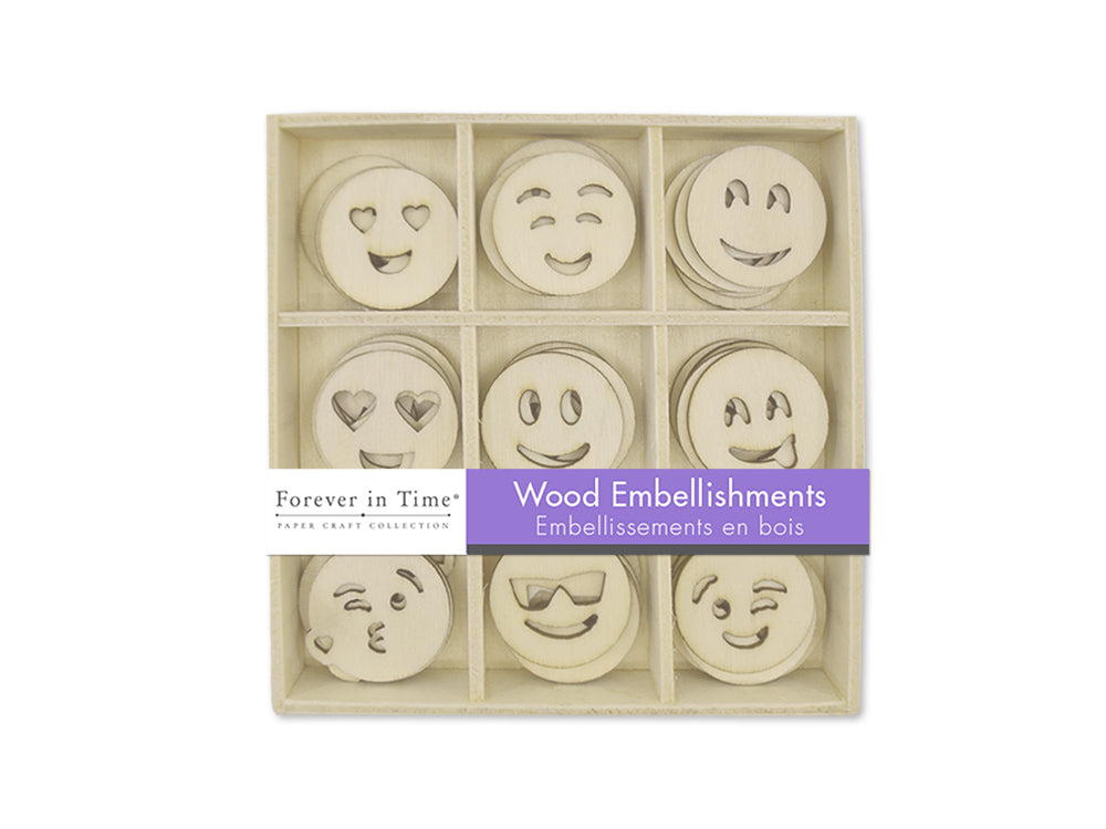 Paper Craft Emb: 45pc Mini Wood Emb in 9-Comp Box D) Emoticons