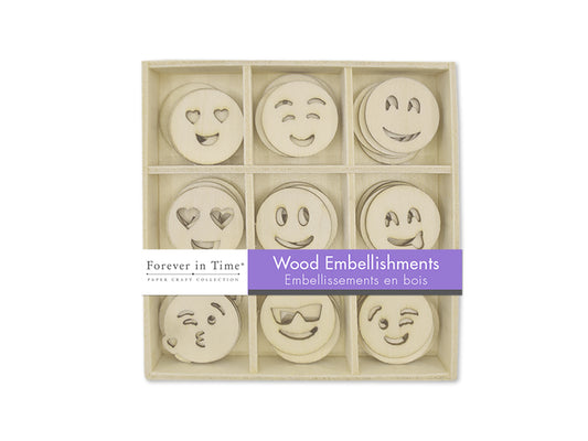 Paper Craft Emb: 45pc Mini Wood Emb in 9-Comp Box D) Emoticons