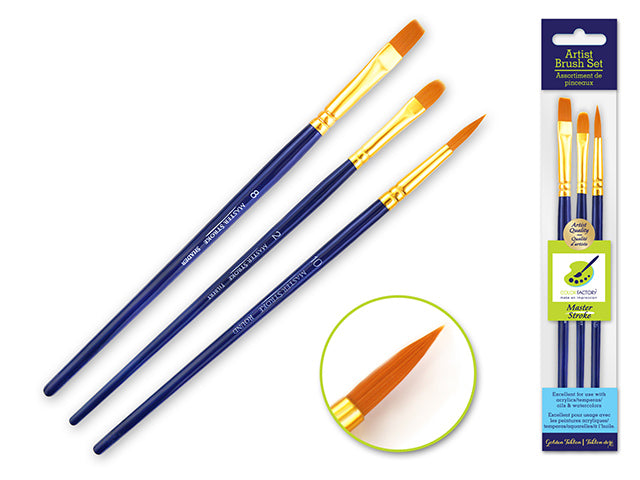 Artist Brush Set: Master Stroke Set x3 Versatility2 GoldenNylon Flat#8+Rnd#10+Fil#2