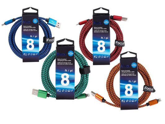 iFocus, 8 ft. Lightning data cable 2 tone Braided,4C,w/strap