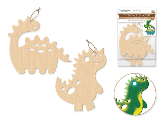 Wood Craft: Wood Ornaments x2 Asst Laser-Punch w/Jute Cord Hanger A) Dinosaur