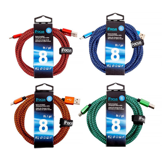 iFocus, 8 ft. USB-C data cable 2 tone Braided,4C,w/strap