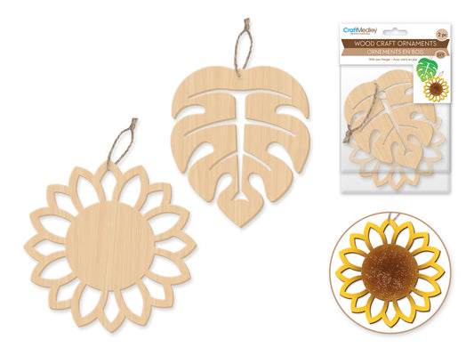 Wood Craft: Wood Ornaments x2 Asst Laser-Punch w/Jute Cord Hanger B) Floral