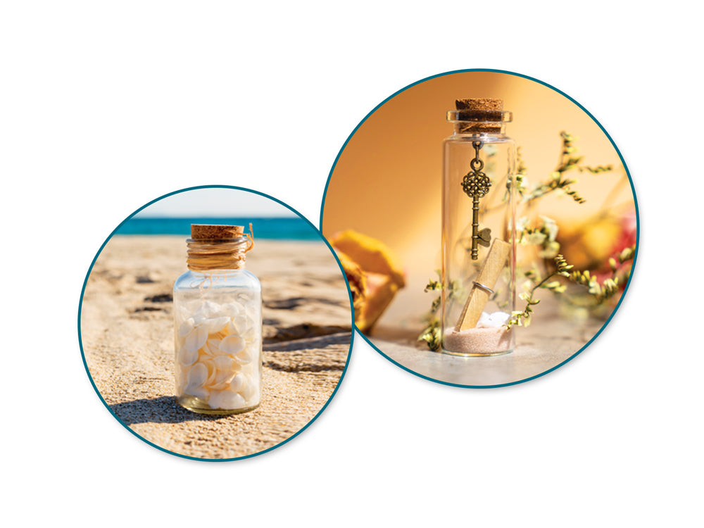 Glass Bottles: Mini Containers w/Cork Lid x7