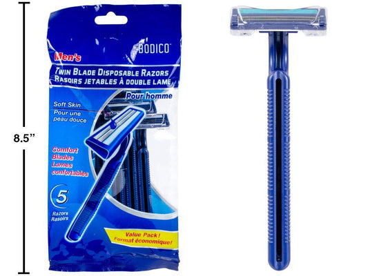 Bodico, 5-pc Mens Razors, S/S twin blade, printed poly bag