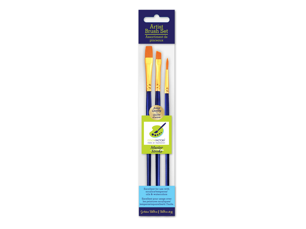 Artist Brush Set: Master Stroke Set x3 Classic2 GoldenNylon Flat#10+Rnd#2+Ang#6