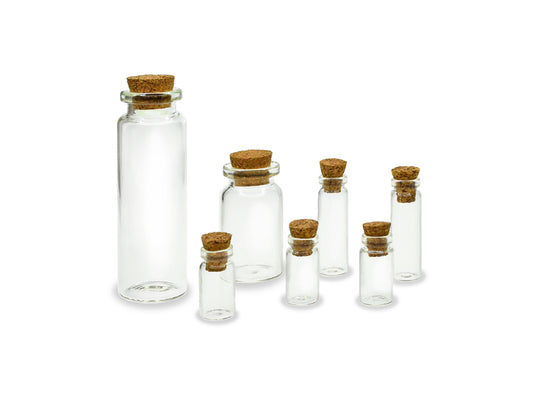 Glass Bottles: Mini Containers w/Cork Lid x7