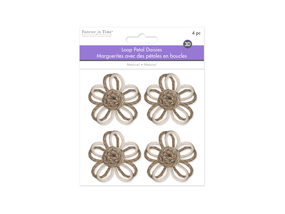 Floral Embellish: 2.2" Loop-Petal Daisies x4 Handmade A) Jute Stamen