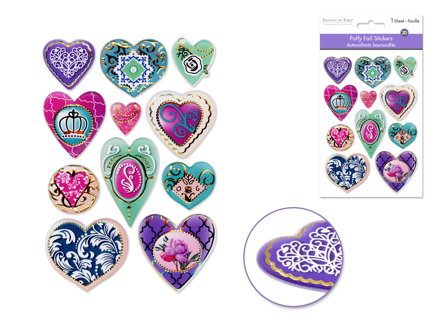 Paper Craft Stickers: 4.3"x6.1" Foil Puffy N) Fancy Hearts