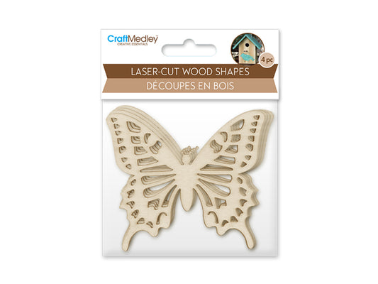 Wood Craft: 8cm Laser-Cut Ornate Wood Shapes x4 I) Butterfly 2