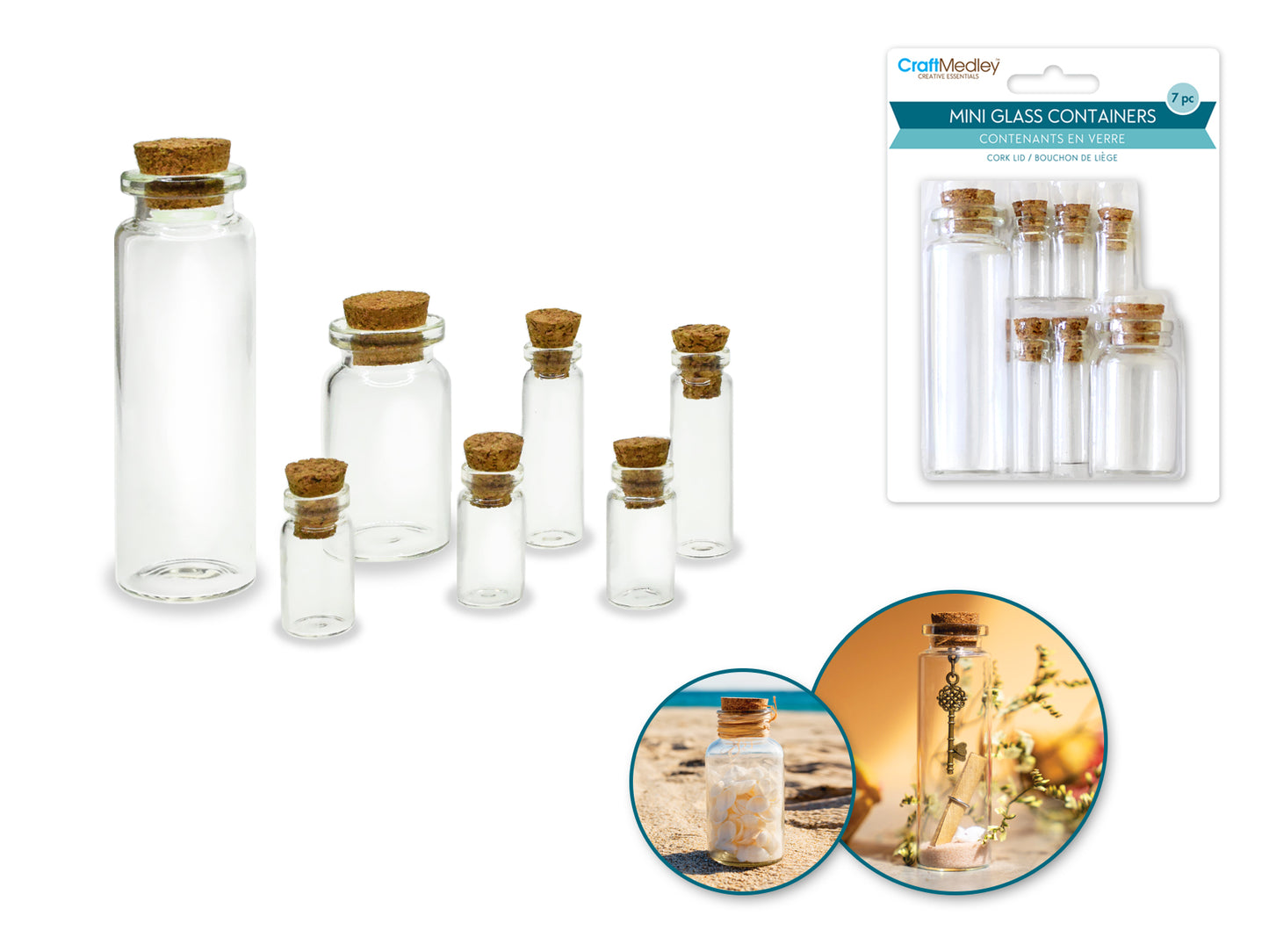 Glass Bottles: Mini Containers w/Cork Lid x7