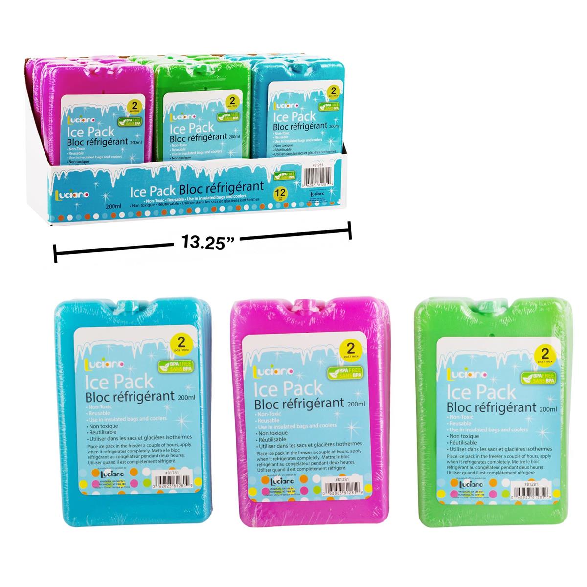 Luciano 2pk 200ml Slim Freezing Packs,12pcs/DPY, 3Cols.,  (ES15996)