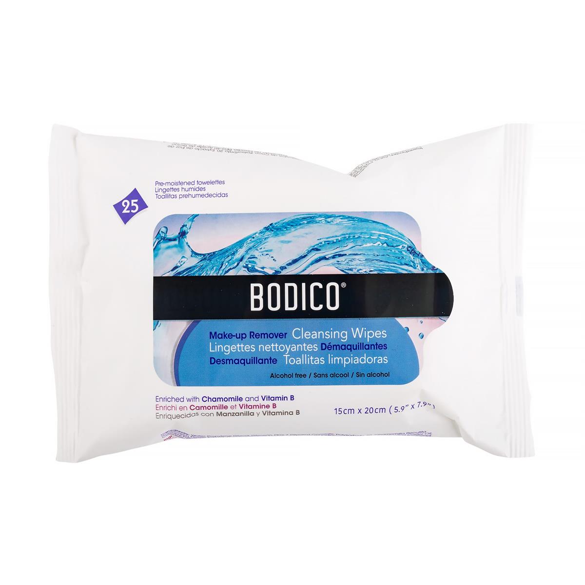 Bodico, 25-pc Facial Wipes, 15x20cm Printed Bag, 24/display box (82344)