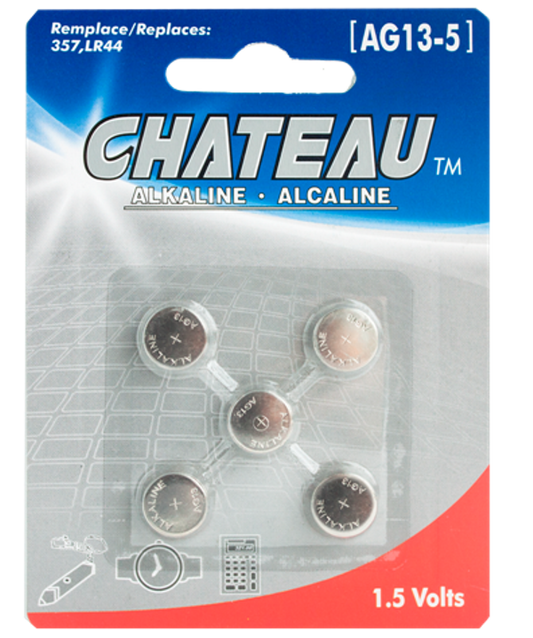 BUTTON CELL BATTERY - AG13/LR44/A76/L1154/157: 5/PK