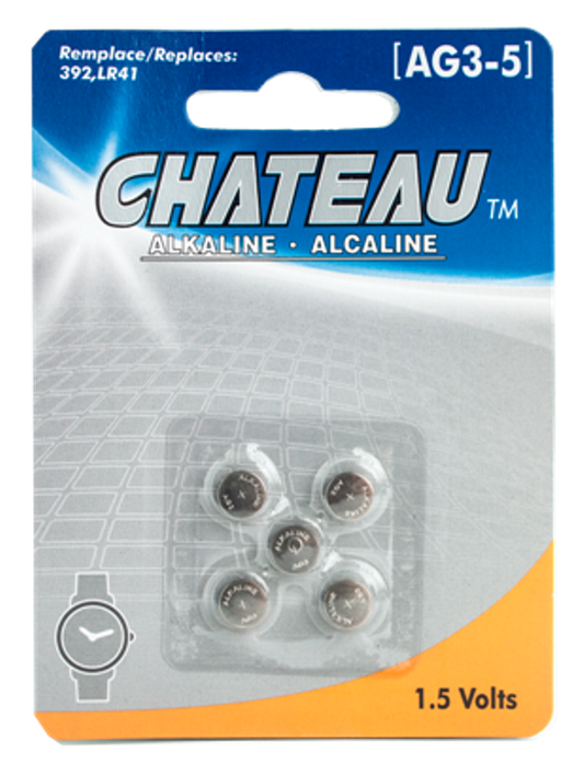 BUTTON CELL BATTERY - AG3/LR41/SR41/392/192/G3/L736/V392/D384: 5/PK