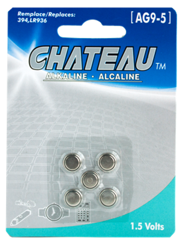 BUTTON CELL BATTERY - AG9/LR936/394/SR936SW/SR45/SG9/V394: 5/PK