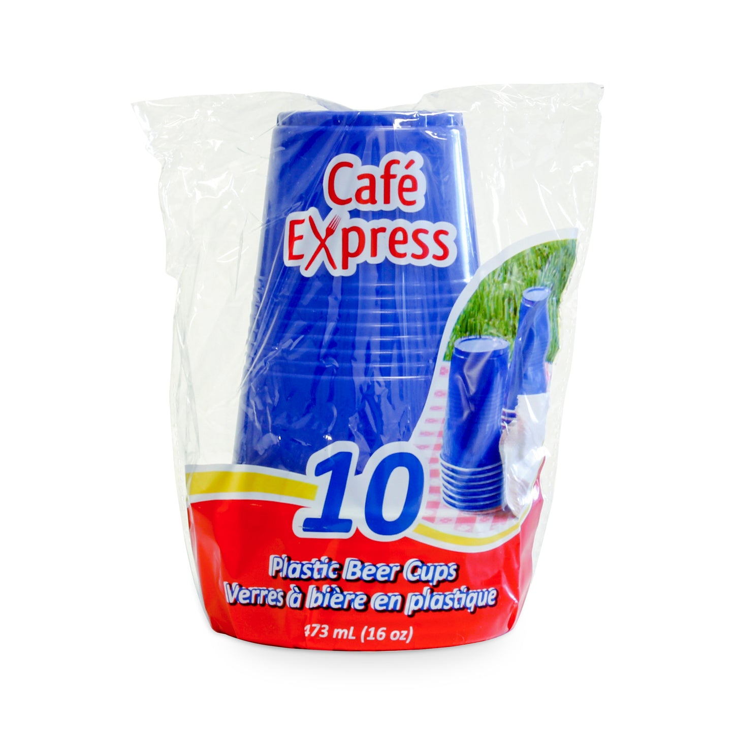 PLASTIC BEER CUPS: 16oz, BLUE/WHITE 10/PK