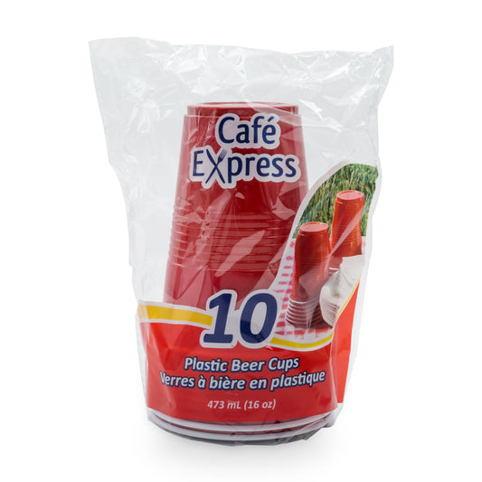PLASTIC BEER CUPS: 16oz, RED/WHITE 10/PK