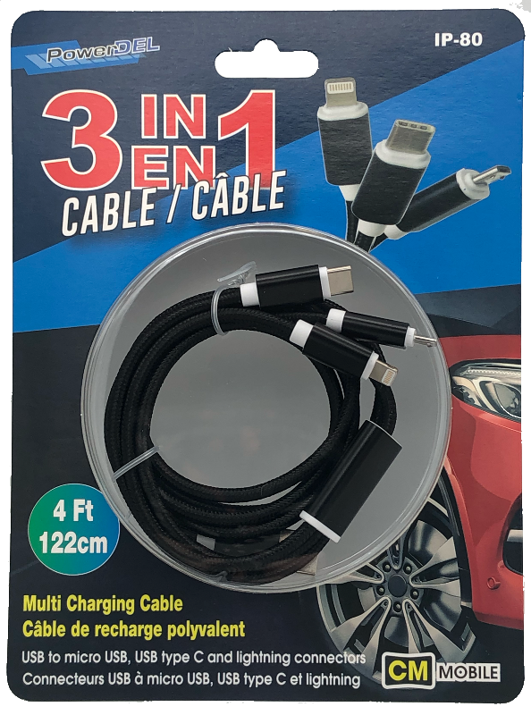 3 in 1 Cable iphone6/micro usb/usb-type c - 4ft