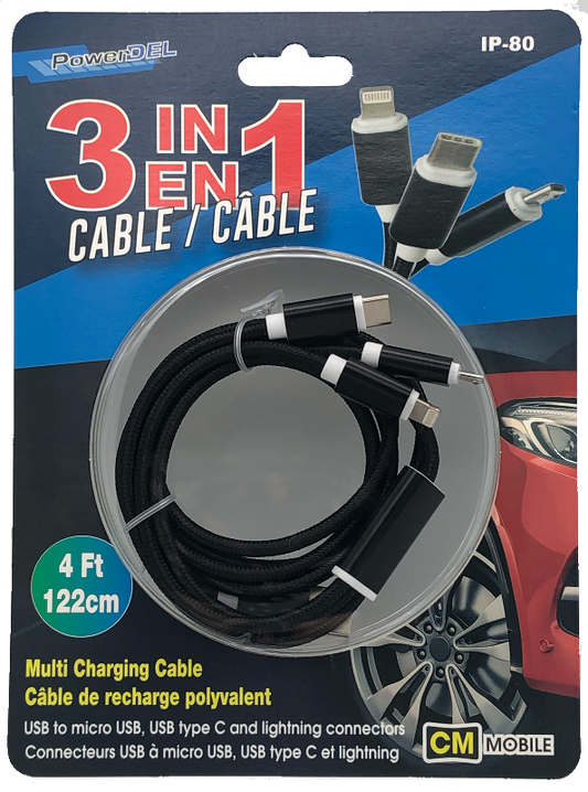 3 in 1 Cable iphone6/micro usb/usb-type c - 4ft