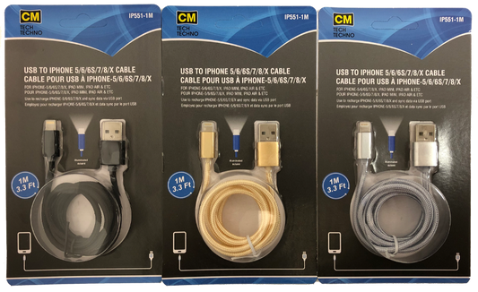 Illuminated 3.3ft USB to iphone 5/6/6s/7/8/x cable - Sil/Gold/Blk