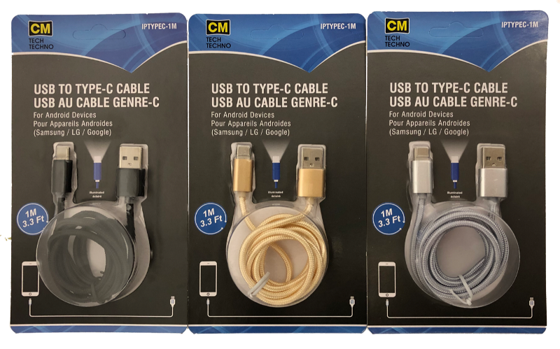 Illuminated 3.3ft USB to Type-c cable - Sil/Gold/Blk