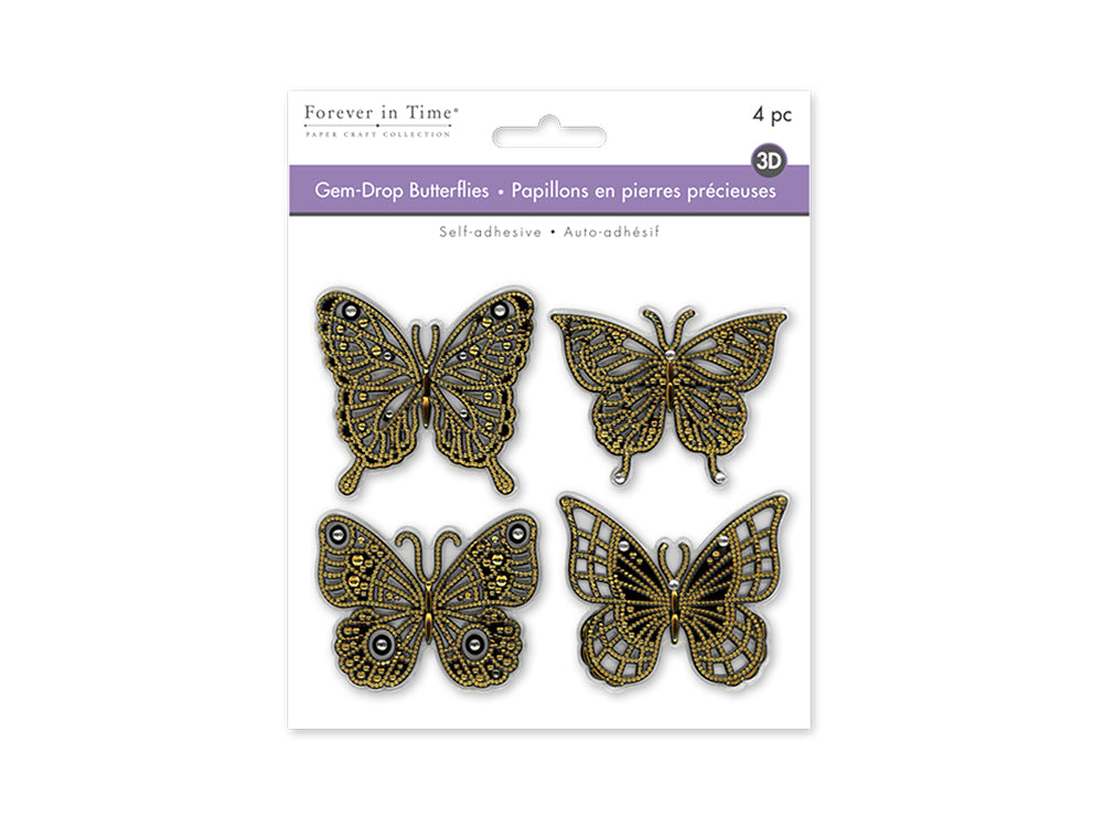 Paper Craft Emb: 2.5" Gem-Drop Butterflies 4pc Self-Stick B) Gold