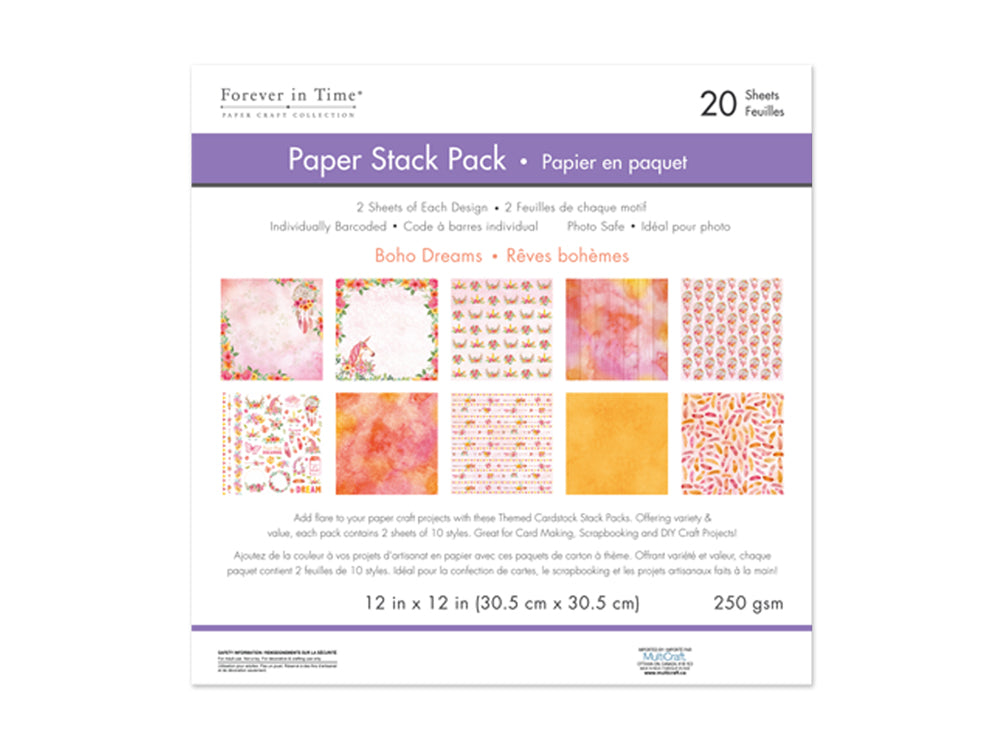 Cardstock: 12"x12" Themed Printed Stack Pack 20 Sheets Assorted 250gsm A) Boho Dreams